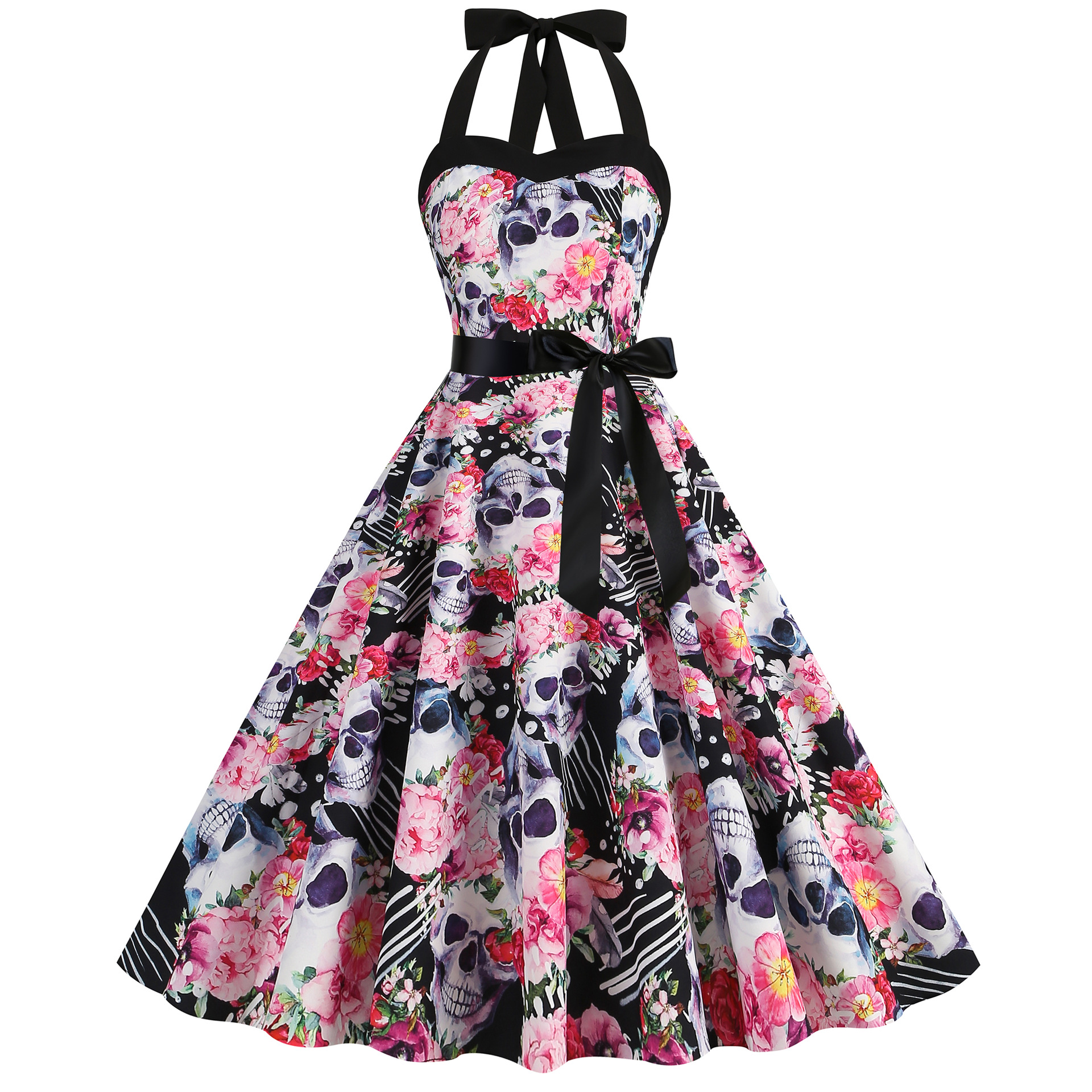 Women Sleeveless Halter Print Halloween Dresses Elegant Festival Party Costumes